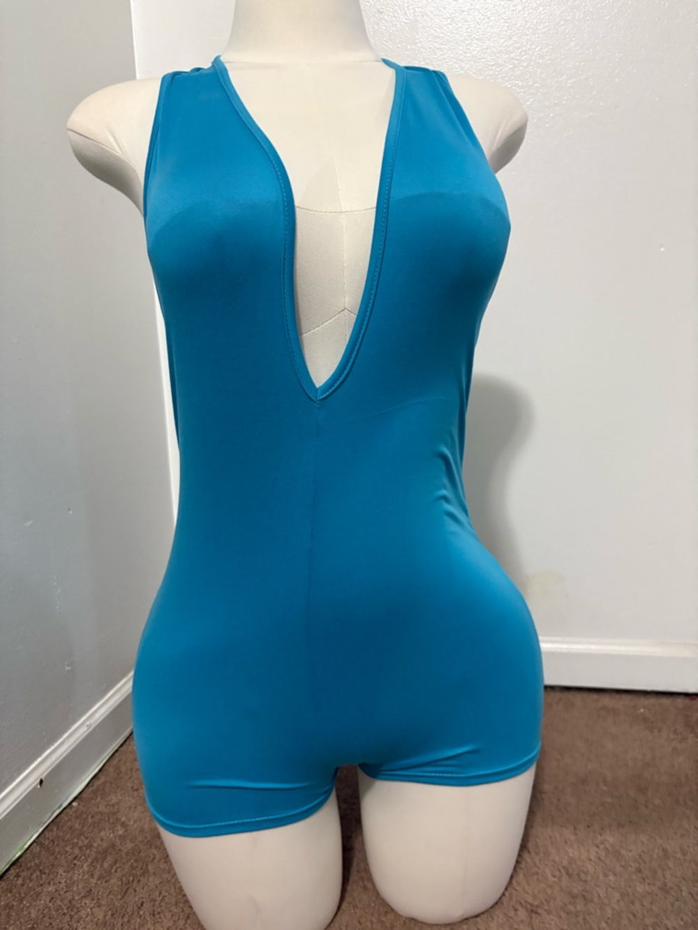 Fashion Nova Teal Plunge Scoop Waist Romper NWT